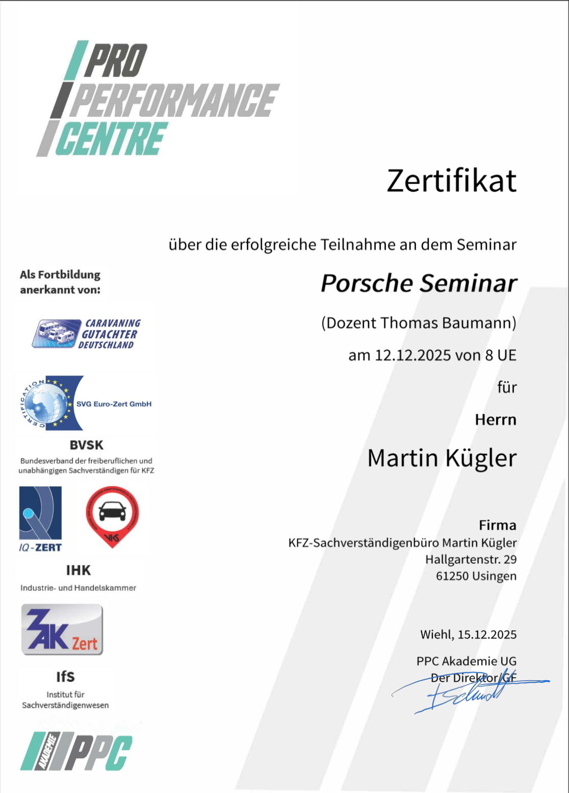 Zertifikat Porsche | Kfz Gutachter Kügler